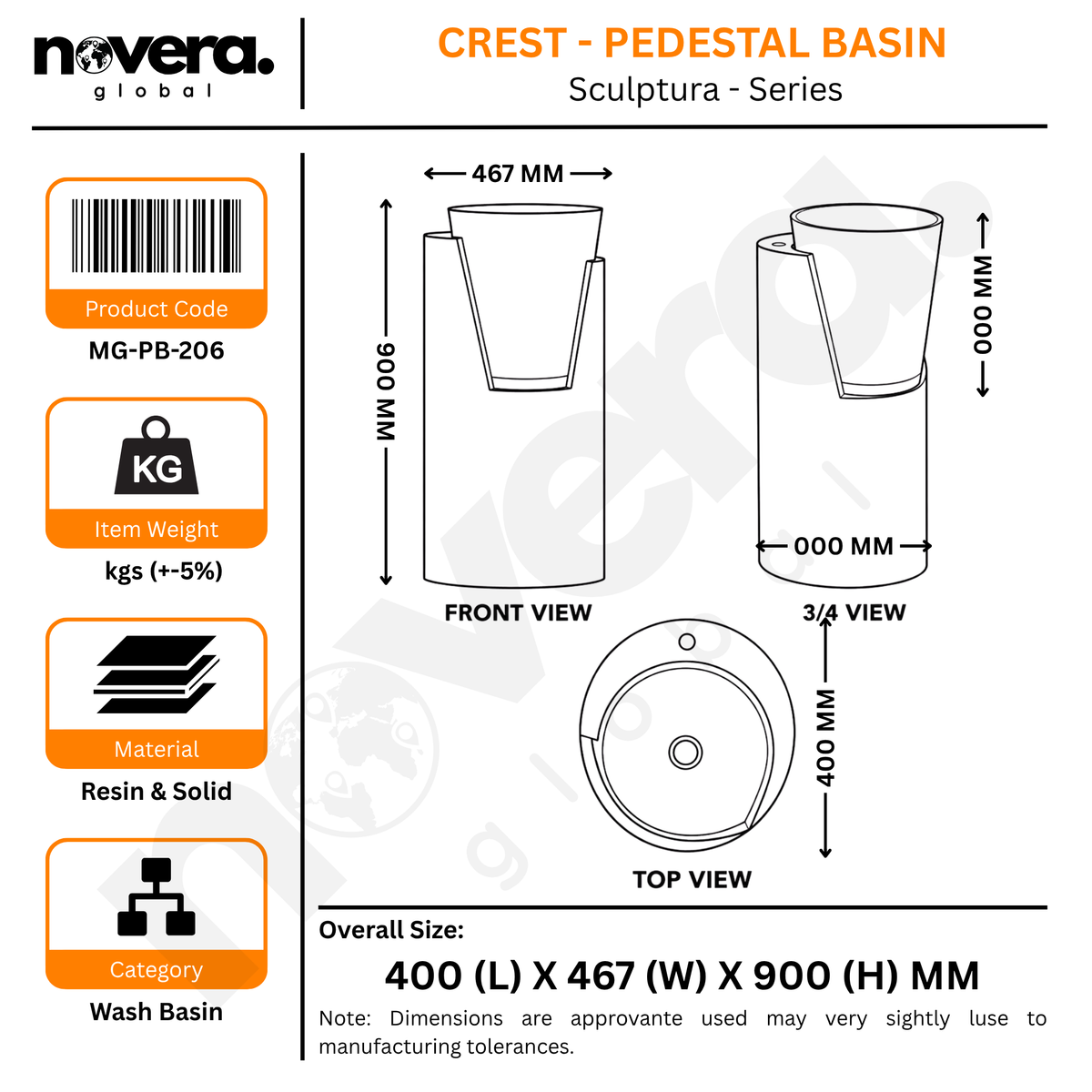 Novera Global Crest Luxury Freestanding Pedestal Wash Basin | 10-Years Warranty | Resin & Solid Surface Floor Standing Designer Bathroom Sink with Translucent Red Bowl | Drainer Included, 400 × 467 × 900 mm
