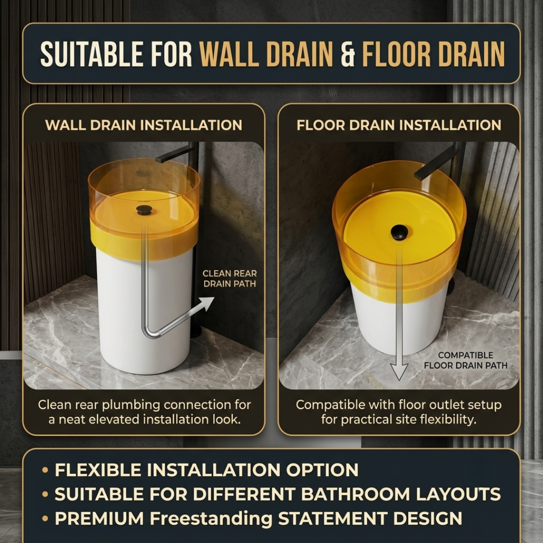Novera Global Amber Freestanding Pedestal Wash Basin | 10-Years Warranty | Imported Resin & Solid Surface Floor Standing Designer Basin | Transparent Yellow Bawl | Drainer Included, 450 x 450 x 900 mm