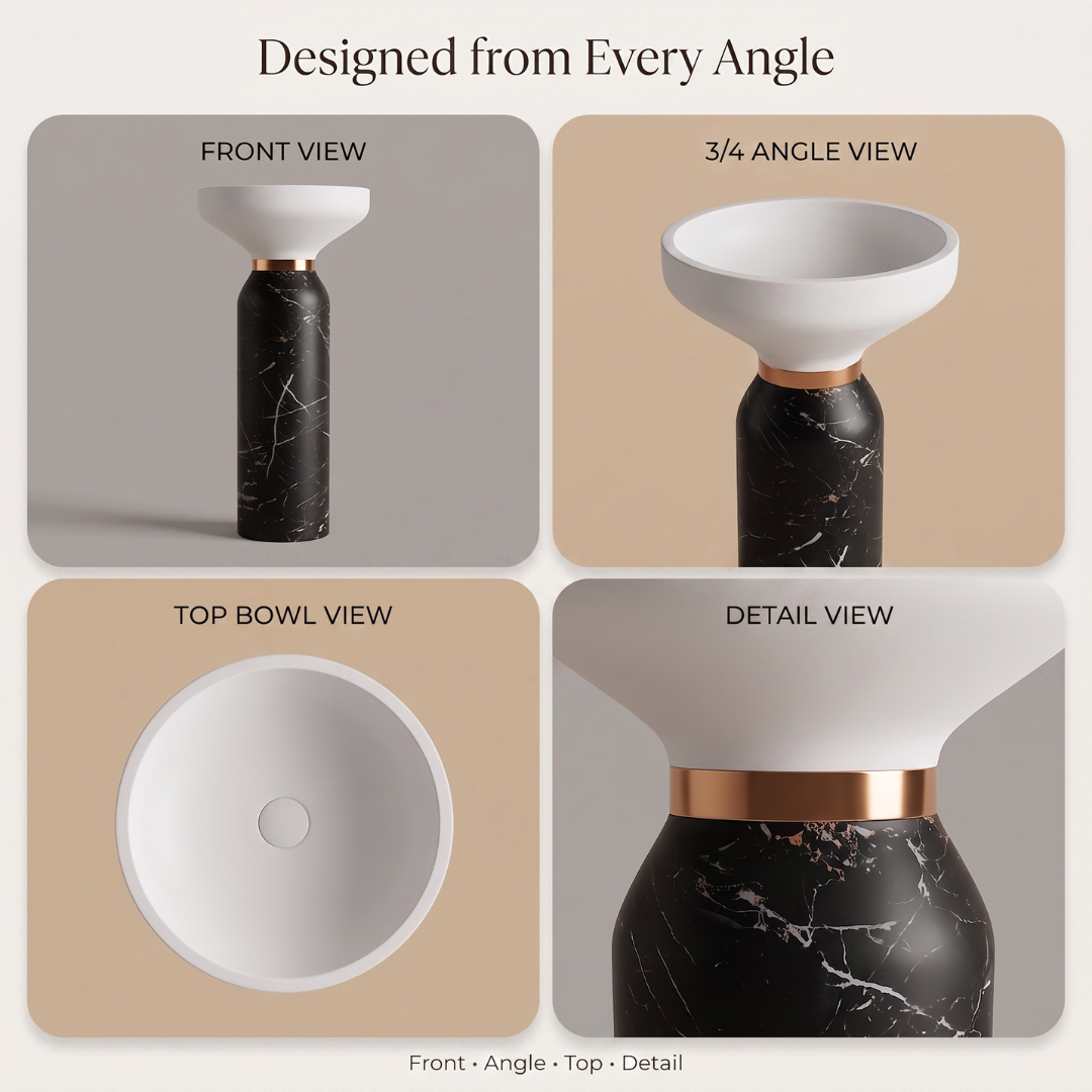 Novera Global Atlas Freestanding Pedestal Wash Basin | 10 Year Warranty | Artificial Stone Floor Standing Bathroom Sink | Matte White & Black Marble Look Pedestal Basin | Drain Included, 460 x 460 x 880 mm