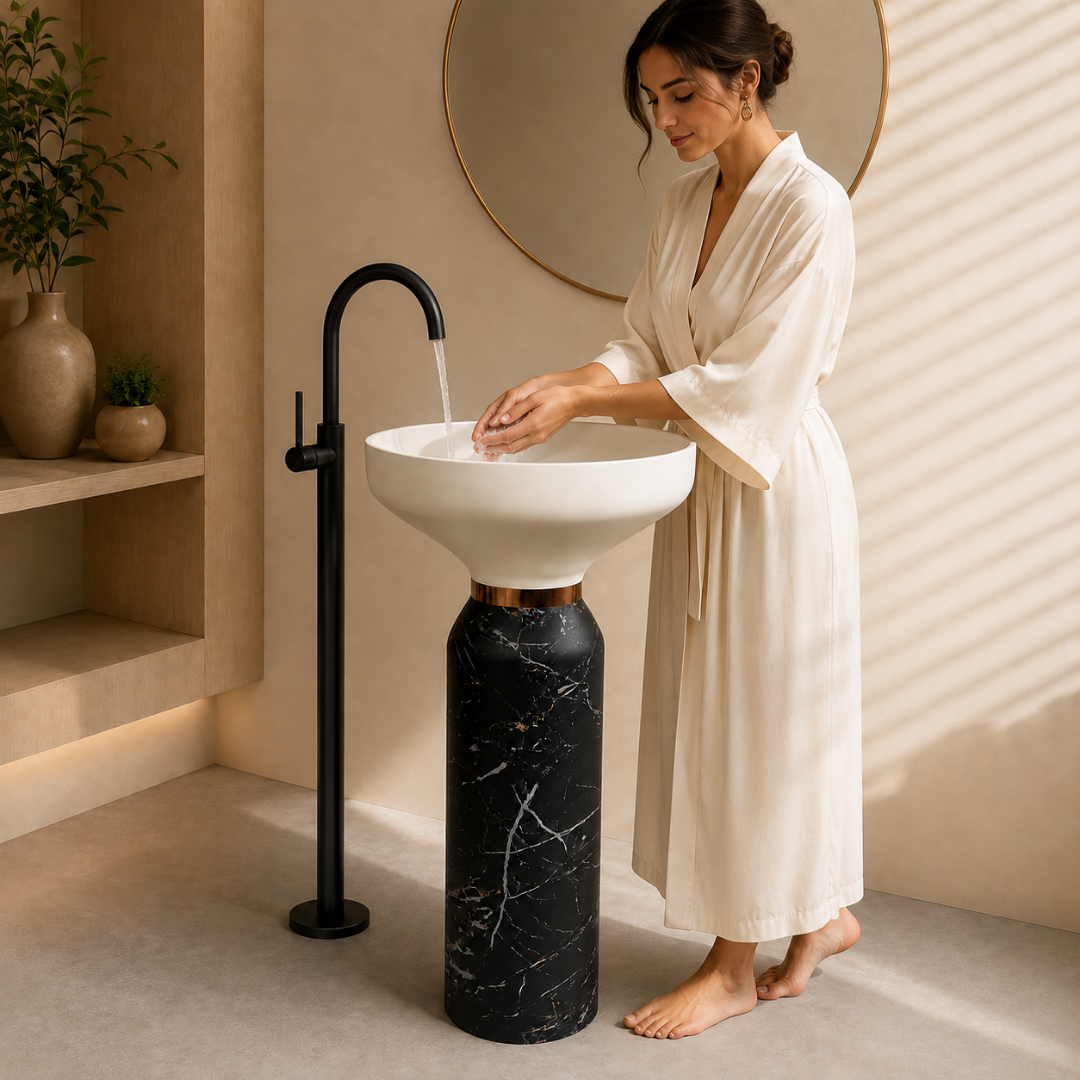 Novera Global Atlas Freestanding Pedestal Wash Basin | 10 Year Warranty | Artificial Stone Floor Standing Bathroom Sink | Matte White & Black Marble Look Pedestal Basin | Drain Included, 460 x 460 x 880 mm
