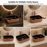 Novera Global Ceramic Table Top Wash Basin | Glossy Rectangular Vessel Sink | Above Counter Vessel Sink for Bathroom Vanity | 5-Year Warranty | Imported Glossy Countertop Wash Bowl (Black & Rose Gold)