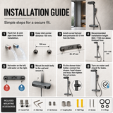 Novera Global Arch Rain Shower Set for Bathroom – 3-in-1 Brass Shower System with Large Oval Overhead Rain Shower, Multi-Mode Hand Shower, Waterfall Spout & Storage Shelf | Push-Button, Wall-Mounted (Gunmetal Grey)
