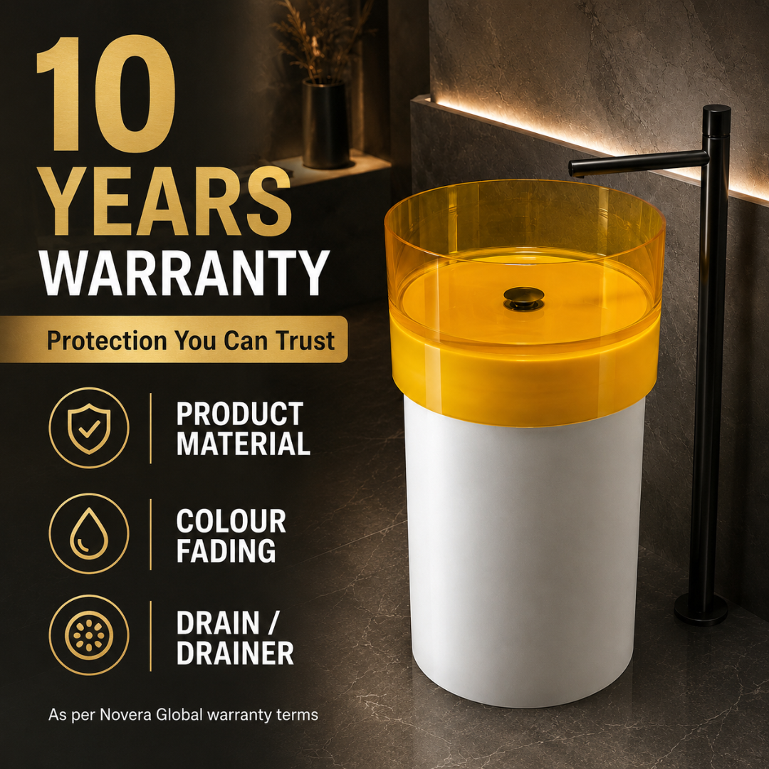 Novera Global Amber Freestanding Pedestal Wash Basin | 10-Years Warranty | Imported Resin & Solid Surface Floor Standing Designer Basin | Transparent Yellow Bawl | Drainer Included, 450 x 450 x 900 mm