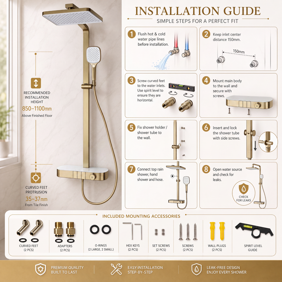 Novera Global Rain Shower Set for Bathroom – 3-in-1 Brass Shower System with Large Overhead Rain Shower, Multi-Mode Hand Shower, Waterfall Spout & Storage Shelf | Push-Button, Wall-Mounted (Brushed Gold)