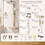 Novera Global Rain Shower Set for Bathroom – 3-in-1 Brass Shower System with Large Overhead Rain Shower, Multi-Mode Hand Shower, Waterfall Spout & Storage Shelf | Push-Button, Wall-Mounted (Brushed Gold)