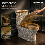 Novera Global Royal Flora Gold One Piece Western Toilet | 300mm S-Trap | Soft-Close Gold Seat Cover | 5-Year Warranty | Floor Mounted Ceramic Commode with Dual Flush 3/6L | Wash Down Flushing | Water Saving