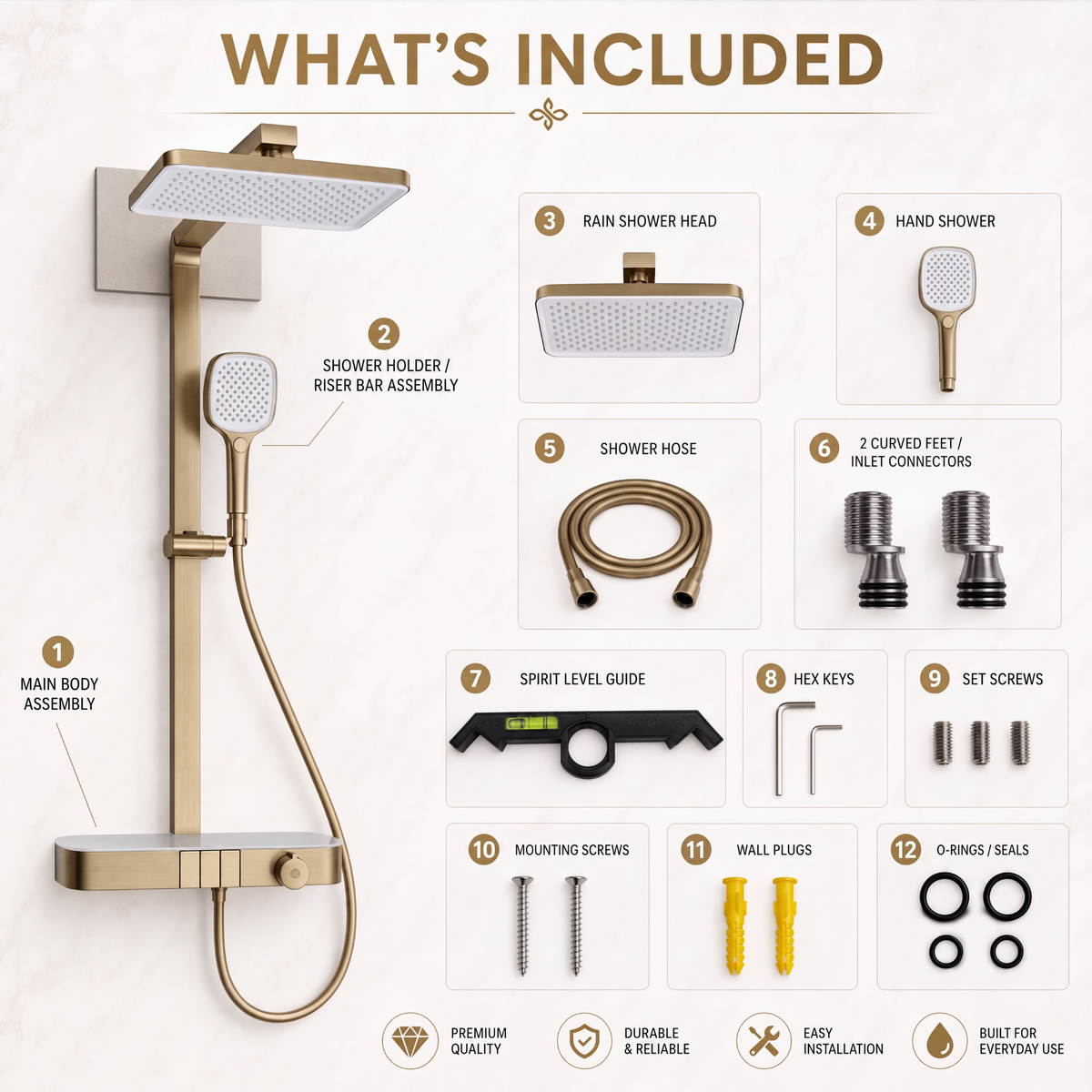Novera Global Rain Shower Set for Bathroom – 3-in-1 Brass Shower System with Large Overhead Rain Shower, Multi-Mode Hand Shower, Waterfall Spout & Storage Shelf | Push-Button, Wall-Mounted (Brushed Gold)