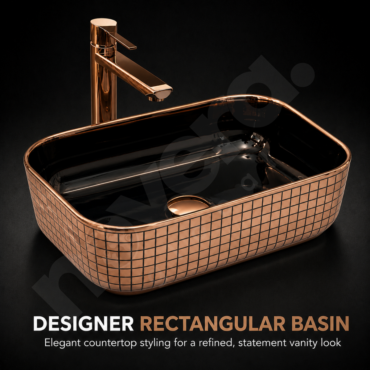 Novera Global Ceramic Table Top Wash Basin | Glossy Rectangular Vessel Sink | Above Counter Vessel Sink for Bathroom Vanity | 5-Year Warranty | Imported Glossy Countertop Wash Bowl (Black & Rose Gold)