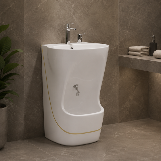White Ceramic Wudu Basin with Gold Trim for Ablution and Foot Wash