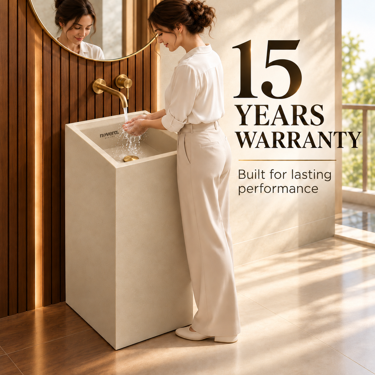 Novera Global Fawn Floor Standing Pedestal Wash Basin | 15-Years Warranty | 15 mm Ceramic Slab, Matte Finish Beige Square Bathroom Sink | Pop-Up Drain Included | Water, Scratch & UV Resistant Freestanding Wash Basin