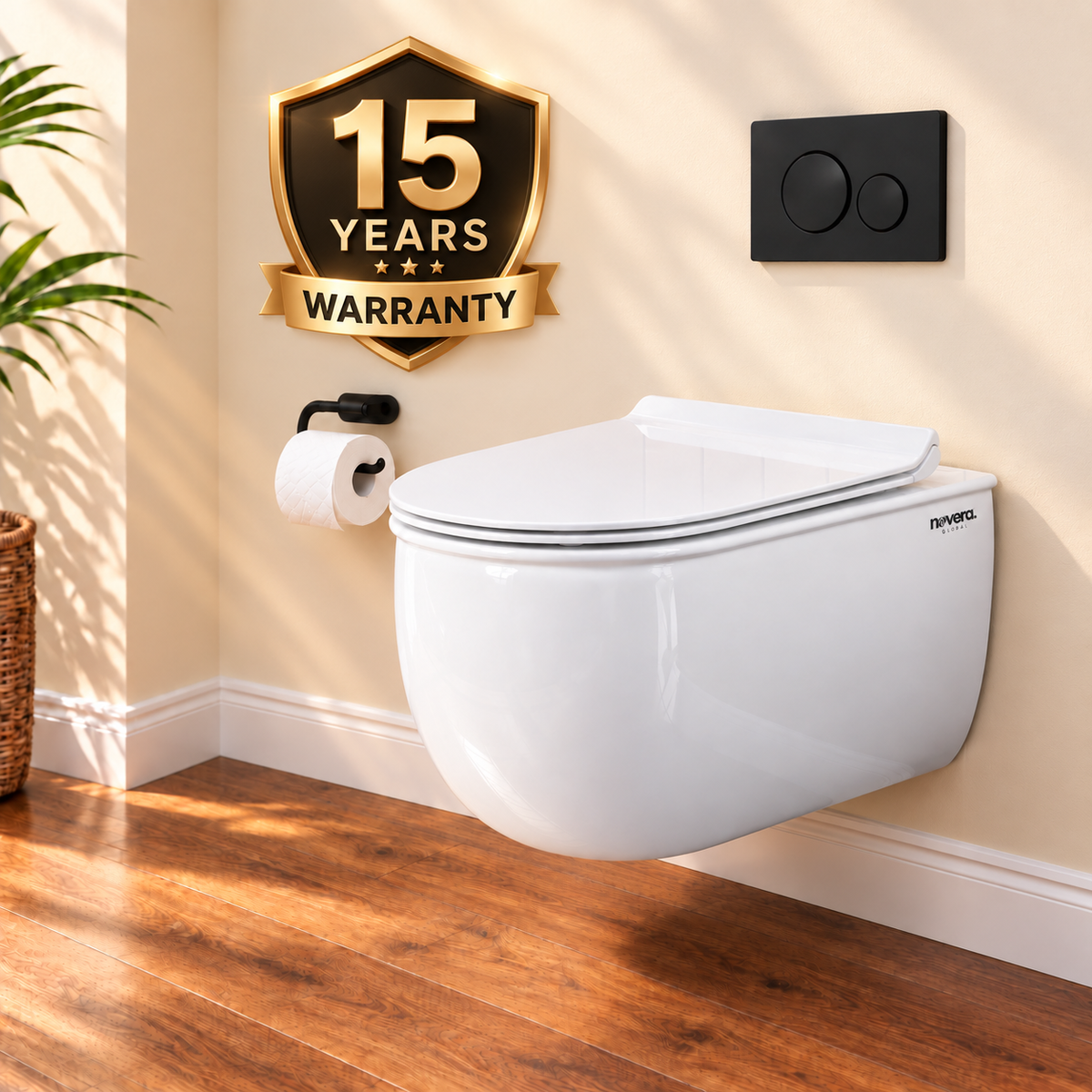 Novera Global Ceramic Wall Hung Western Toilet | 15-Year Warranty | Imported Ceramic 6D Jet Flushing System, P-Trap Compatible, Soft-Close Seat, Glossy White Finish Commode | 300 KG Load Tested