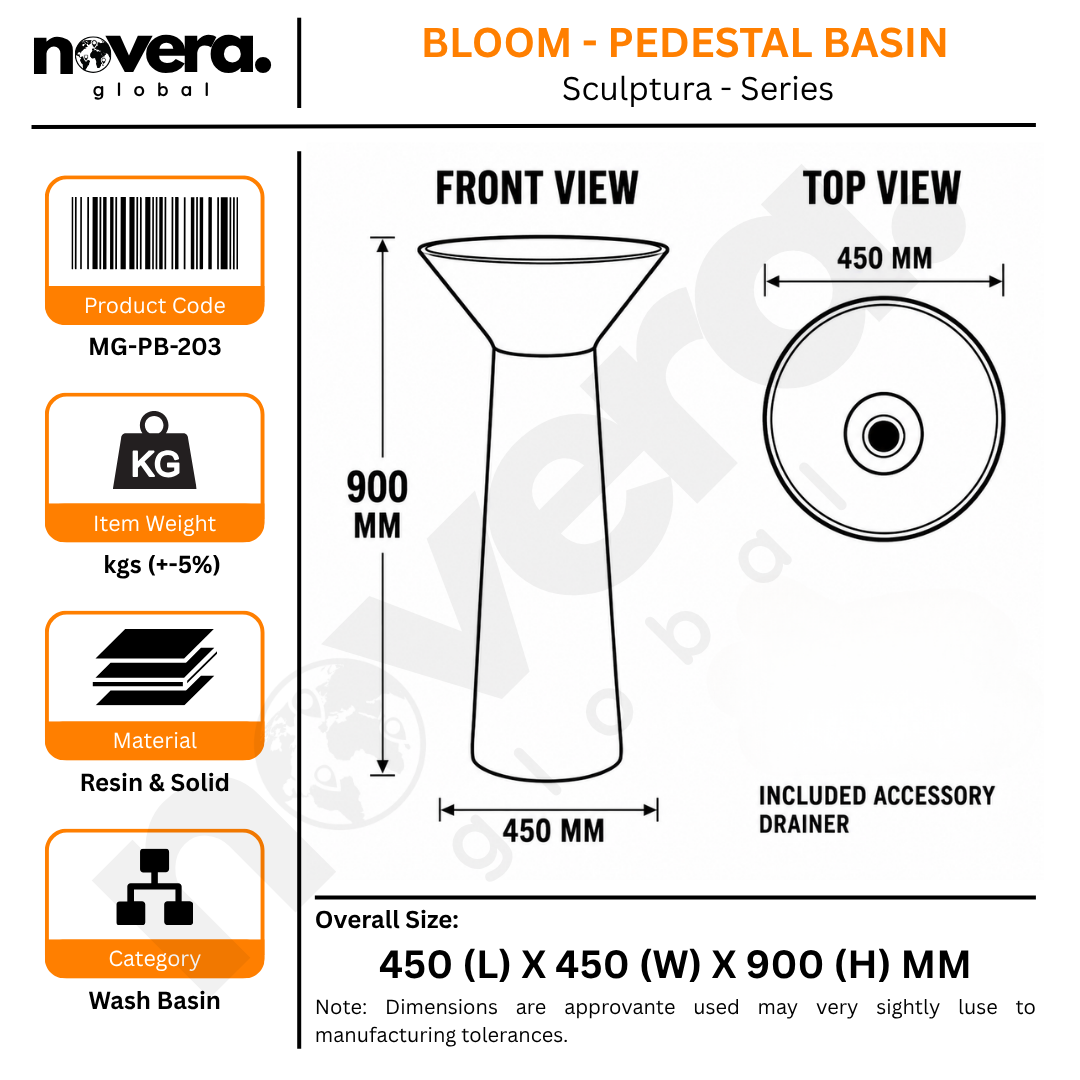 Novera Global Bloom Freestanding Pedestal Wash Basin | 10-Years Warranty | Premium Resin & Solid Surface Floor Standing Designer Basin | Translucent Pink Bowl | Drainer Included, 450 × 450 × 900 mm