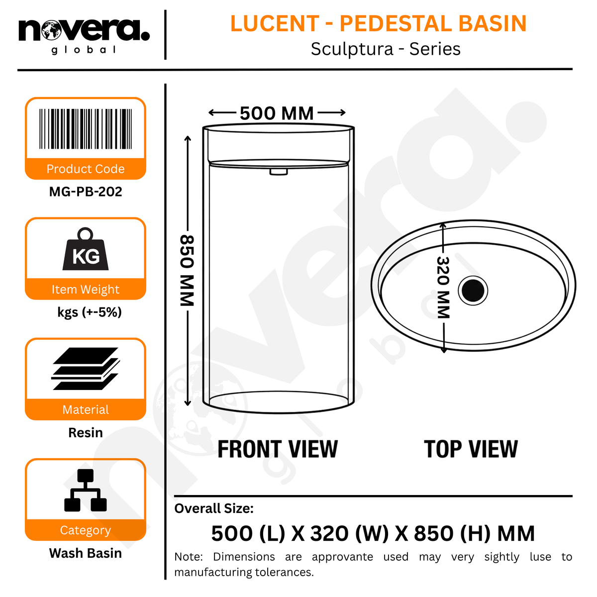 Novera Global Lucent Pedestal Wash Basin | 10-Years Warranty | Premium Imported Translucent Amber Resin Freestanding Bathroom Basin | High Gloss Finish | Included Accessor Drainer, 500 x 320 x 850 mm