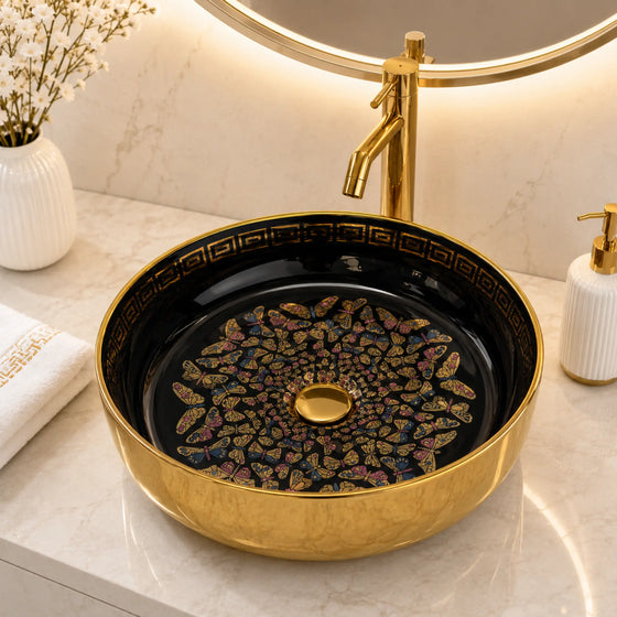Novera Global Onyxwing Ceramic Table Top Wash Basin with Butterfly Design, Round Countertop Vessel Sink, Mirror Gold Exterior & Glossy Black Interior, 5-Year Warranty Novera Global