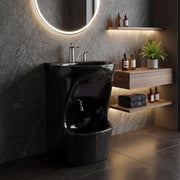 Modern bathroom with black freestanding bathtub, round mirror, and shelves with toiletries.