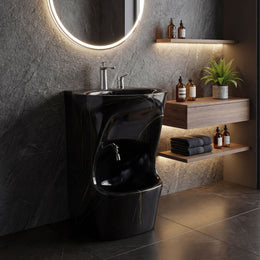 Imperial Black Wudu Basin (Ceramic) – One-Piece Pedestal Ablution Basin with Leg Wash | Marble Black Look