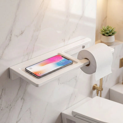 Wall-mounted shelf with smartphone and toilet paper holder in a bathroom setting