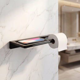 Bathroom tissue holder with smartphone on a marble wall