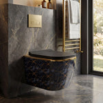 Modern black and gold toilet in a bathroom with marble walls and a towel rack.