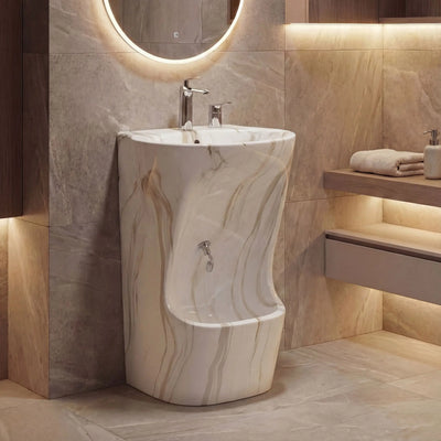 Marble-patterned freestanding sink in a modern bathroom setting.