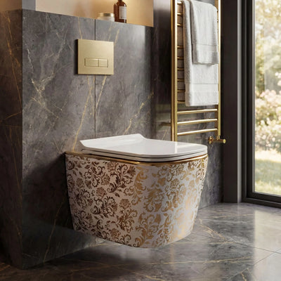 Decorative toilet with gold floral pattern in a bathroom setting