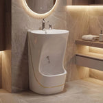 Modern bathroom with a freestanding urinal against a tiled wall.
