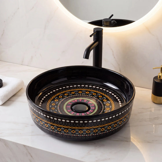 Novera Global Designer Ceramic Table Top Wash Basin | Round Above Counter Vessel Sink for Bathroom Vanity | 5-Years Warranty | Mandala Art Countertop Wash Bowl | Glossy Finish Wash Basin (BLACK) Novera Global
