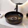 Novera Global Designer Ceramic Table Top Wash Basin | Round Above Counter Vessel Sink for Bathroom Vanity | 5-Years Warranty | Mandala Art Countertop Wash Bowl | Glossy Finish Wash Basin (BLACK)