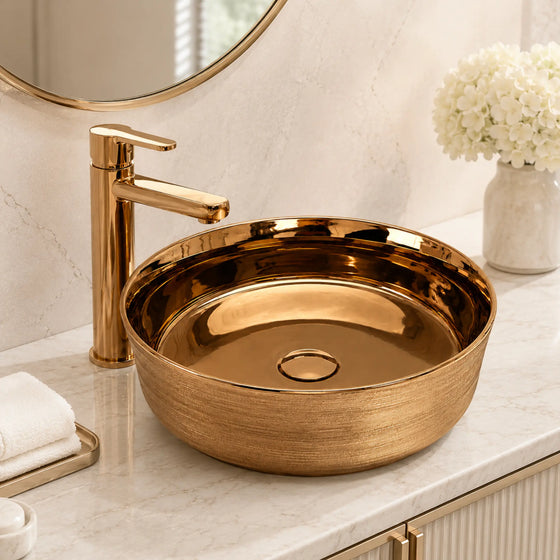 Novera Global Ceramic Table Top Wash Basin | Glossy Finish Round Vessel Sink | Above Counter Vessel Sink for Bathroom Vanity | 5-Years Warranty | Imported Glossy Countertop Wash Bowl (Rose Gold) Novera Global
