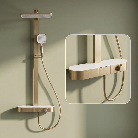 Rain Shower Set for Bathroom – 3-in-1 Function Panel Overhead Rain & Hand Shower, Waterfall Spout | Mixer with Hot & Cold Dual Knob, Adjustable Height Shower, Wall-Mounted (Brushed Gold) Novera Global