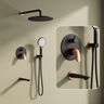 Novera Global Concealed Shower Set for Bathroom – 3-in-1 In-Wall Brass Shower System with Overhead Rain Shower, Hand Shower & Wall Spout, Diverter & Hot/Cold Mixer (Matte Black with Rose-Gold Accents)