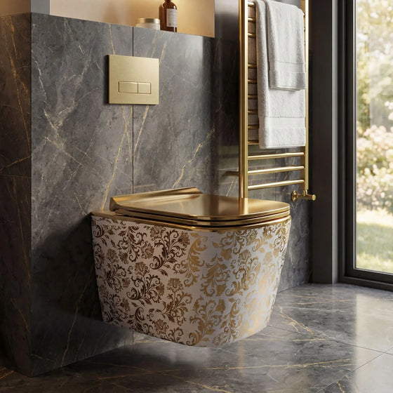 Tokyo Wall Hung Western Toilet | Ceramic Wall Mounted Commode with UF Soft Close Seat (Gold & White) – Novera Global Novera Global