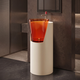Novera Global Crest Luxury Freestanding Pedestal Wash Basin | 10-Years Warranty | Resin & Solid Surface Floor Standing Designer Bathroom Sink with Translucent Red Bowl | Drainer Included, 400 × 467 × 900 mm