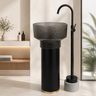 Novera Global Hammer Freestanding Pedestal Wash Basin | Round Smoked Glass Bowl with Matte Black Solid Surface Pedestal & Gold Accent | 10-Years Warranty | Floor Standing Wash Basin | 450 × 450 × 900 mm