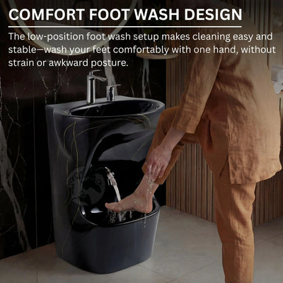 Person using a foot wash design in a bathroom setting