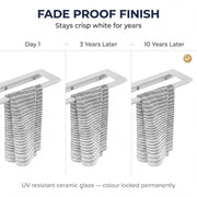 Towel rack with towels showing fade resistance over time on a white background