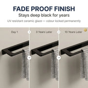 Towel rack with black finish showing color retention over time against a neutral background.