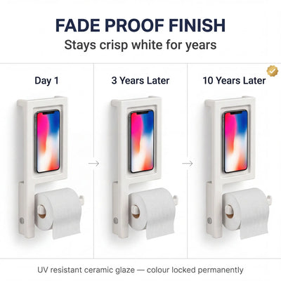 Phone holder with toilet paper display showing color retention over time.