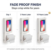 Phone holder with toilet paper display showing color retention over time.
