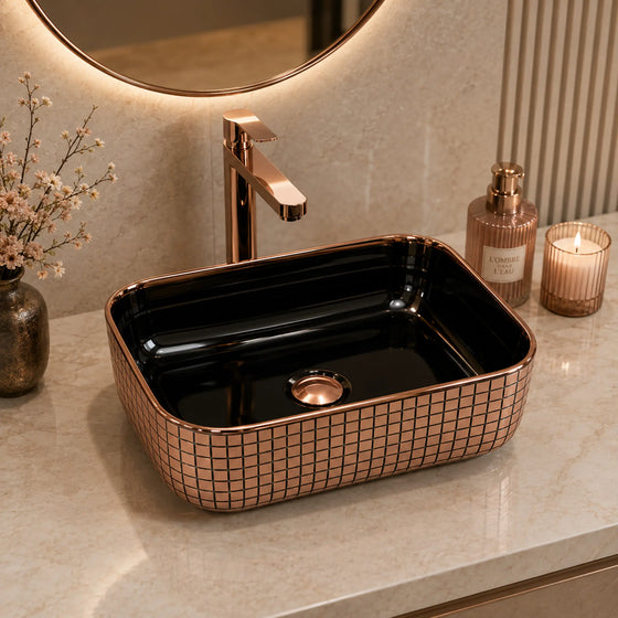 Novera Global Ceramic Table Top Wash Basin | Glossy Rectangular Vessel Sink | Above Counter Vessel Sink for Bathroom Vanity | 5-Year Warranty | Imported Glossy Countertop Wash Bowl (Black & Rose Gold) Novera Global