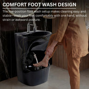 Person using a foot wash design in a bathroom setting