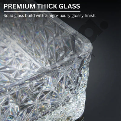 Close-up of a premium thick glass product with a high-luxury glossy finish on a dark background.