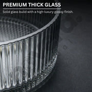 Close-up of a premium thick glass product with text highlighting its features.