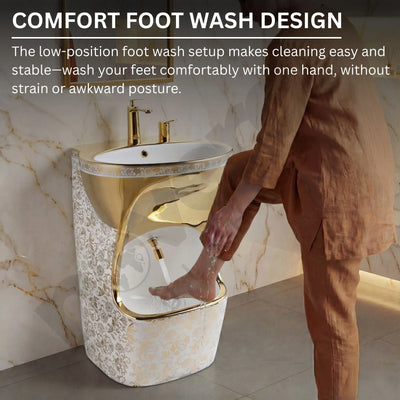Person washing feet in a unique foot wash design with gold fixtures.
