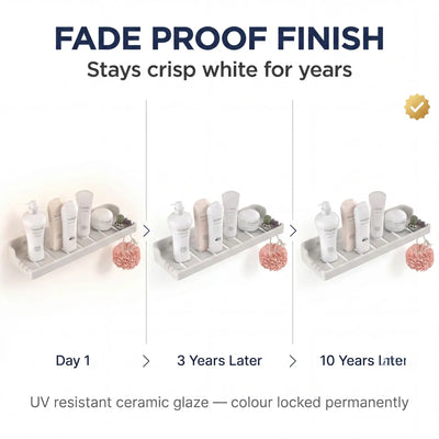 Product display showing the fade-proof finish of a ceramic shelf over time with cosmetic bottles.