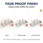 Product display showing the fade-proof finish of a ceramic shelf over time with cosmetic bottles.