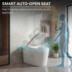 Smart auto-open toilet seat in a modern bathroom with a person approaching.