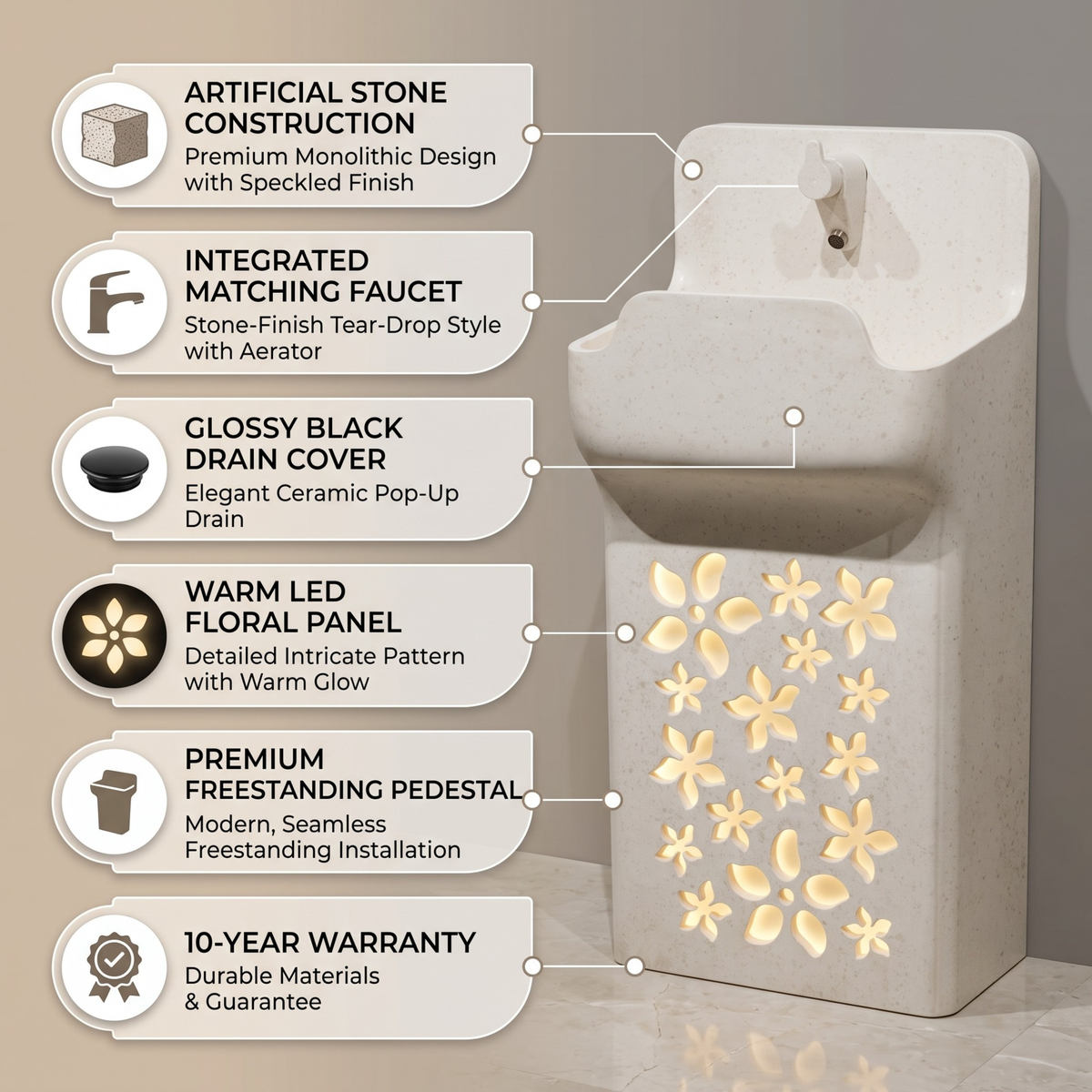 Novera Global Blossom Freestanding Pedestal Wash Basin | 10-Year Warranty | Luxury Artificial Stone Floor Standing Designer Basin with Warm LED Floral Design Bathroom Sink | Matching Faucet & Drain Included