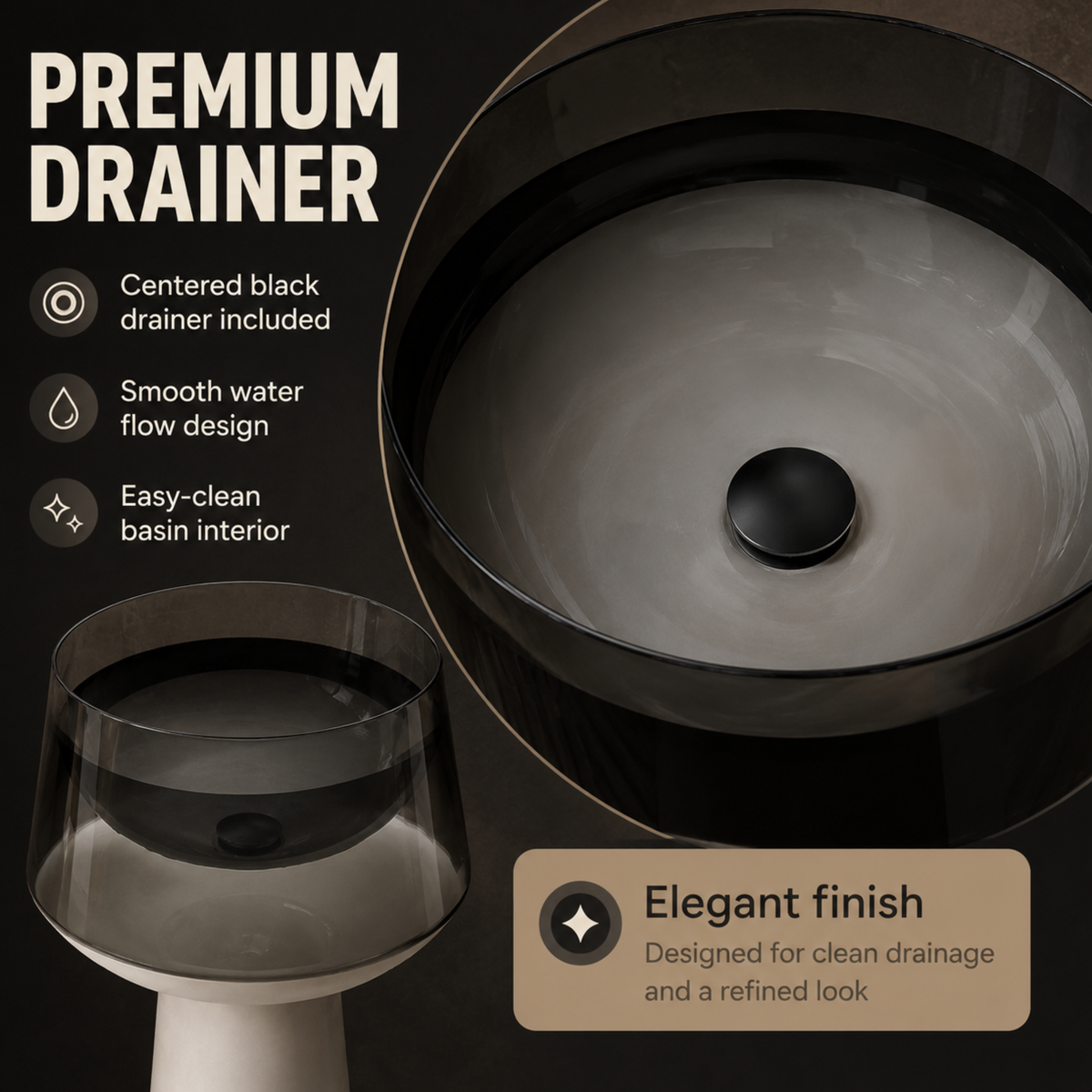Novera Global Vesper Freestanding Pedestal Wash Basin | 10-Years Warranty | Smoked Translucent Resin Bowl & Solid Surface Base Pedestal | Floor Standing Designer Bathroom Basin with Drainer | 500 x 500 x 900 mm (Black & White)