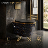 Wall-hung toilet with marble design in a bathroom setting, featuring salient features.